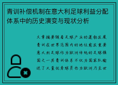 青训补偿机制在意大利足球利益分配体系中的历史演变与现状分析