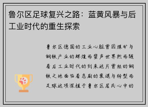 鲁尔区足球复兴之路：蓝黄风暴与后工业时代的重生探索