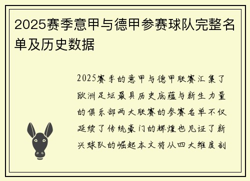 2025赛季意甲与德甲参赛球队完整名单及历史数据